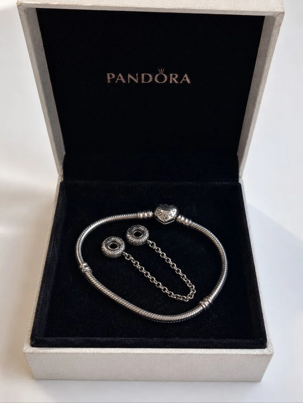 Authentic Pandora Heart Clasp Bracelet with Sparkling Pavé Safety Chain S925 ALE